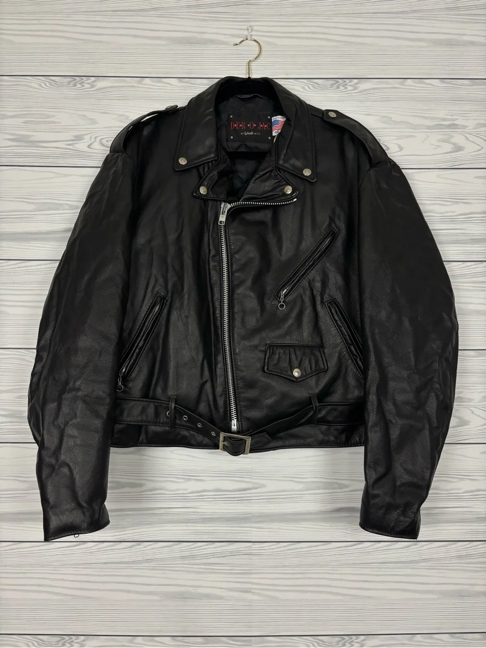 NWT VINTAGE SCHOTT LEATHER MOTORCYCLE JACKET DUR O JAC 48 BELTED USA 80s 90s